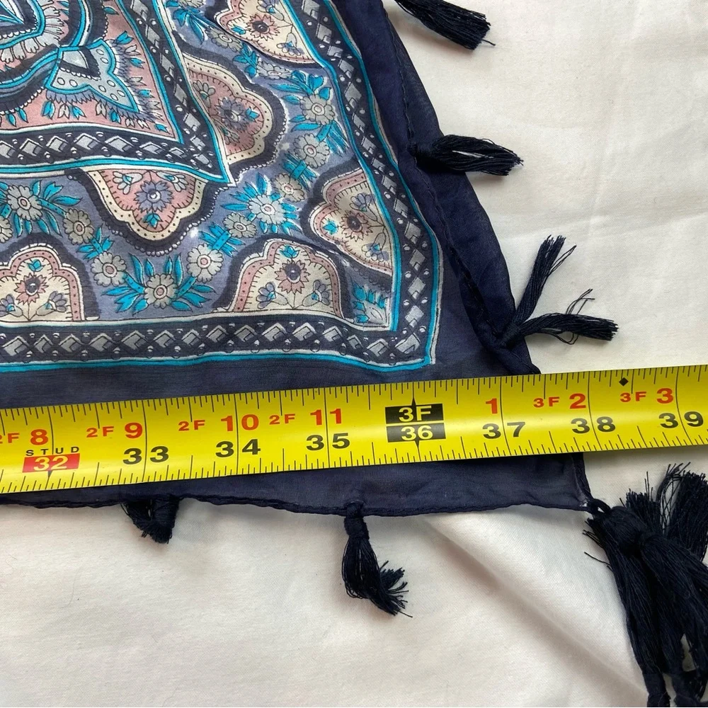 Lola + Kenni New Silk Scarf‎ Blue Paisley and Floral,  38” Square Tassles